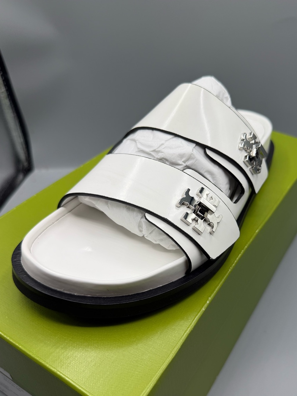 Tory Burch White Double-Strap Slide Sandals with Silver Logos